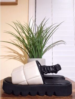 ALL BLACK brand puffer slingback platform slides patent leather 9.5